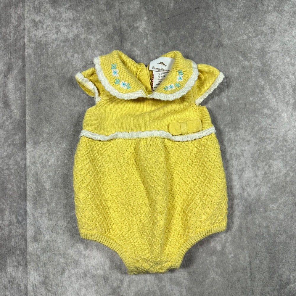 Tommy Bahama Baby Girls Yellow Knit Romper Floral Peter Pan Collar 3-6M Summer